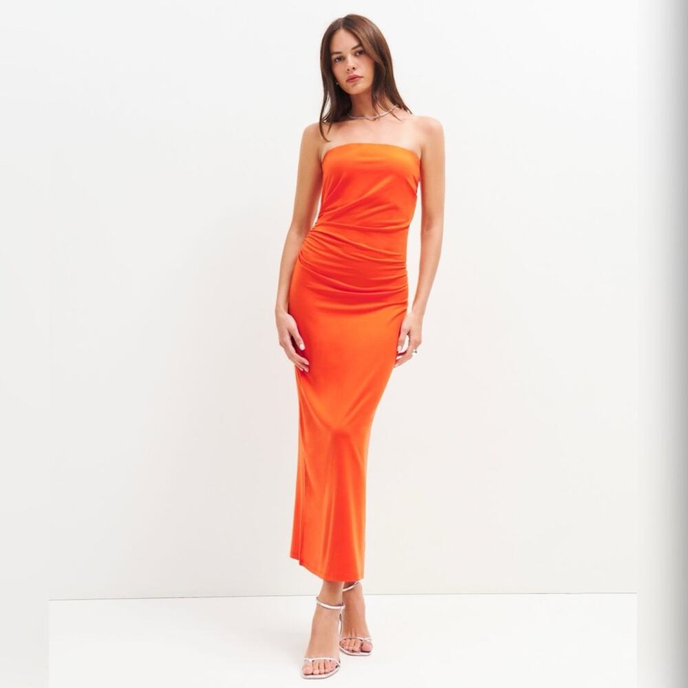 Reformation NEW Bebe Knit Strapless Ruched Fitted Column Dress Flame Red Orange